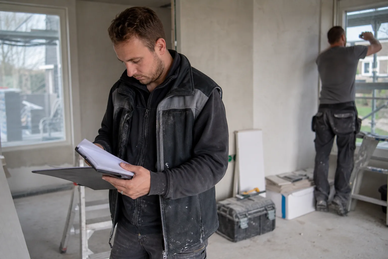 Werk op een Nederlandse bouwplaats. Beeld bij het artikel: Welke stukken moet je verzamelen voor het consumentendossier voordat je een woning oplevert?