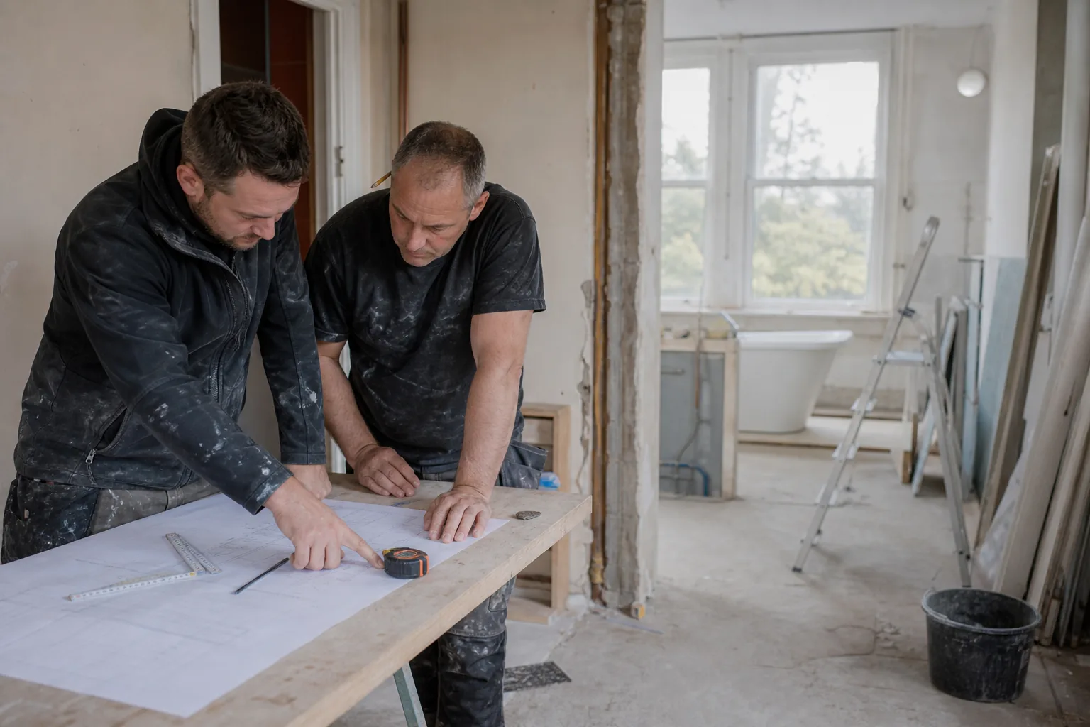 Werk op een Nederlandse bouwplaats. Beeld bij het artikel: Hoe bouwt een klusbedrijf het dossier van een badkamerrenovatie stap voor stap op?
