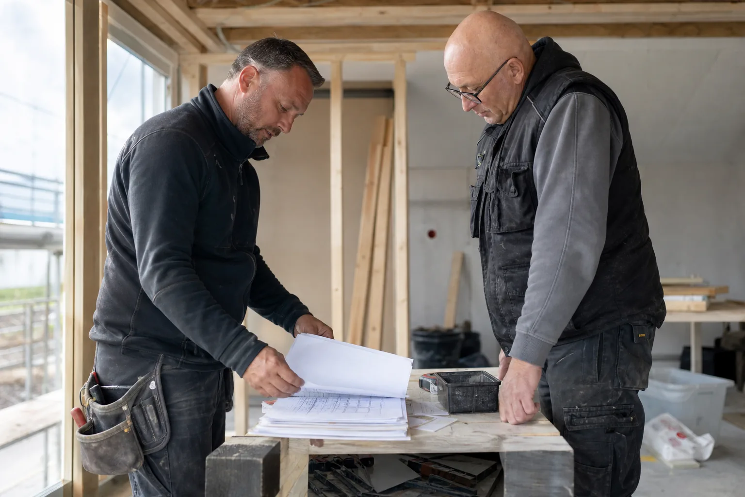 Werk op een Nederlandse bouwplaats. Beeld bij het artikel: Wie doet wat rond het opleverdossier en hoe lang moet je het bewaren?